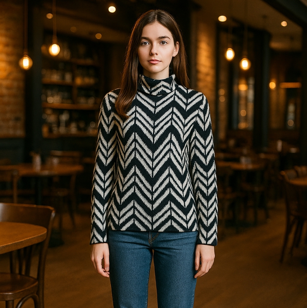 Revolve JOA Los Angeles Black White Chevron Mock Neck Knit Sweater XS